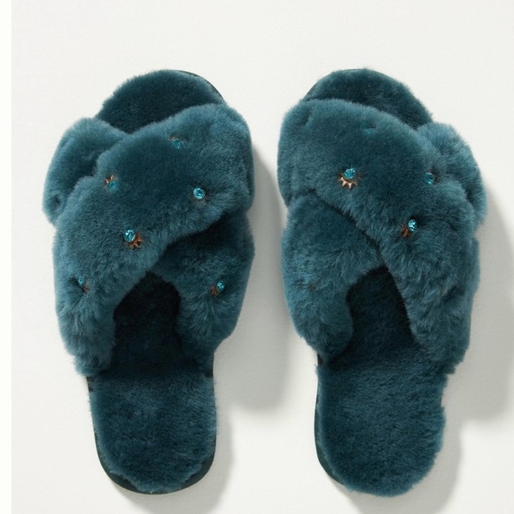 NWOT Emu Australia for Anthropologie Deep Teal Sheepskin Slippers with Gems, US9 - Picture 2 of 8